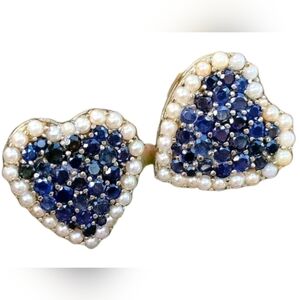 14k Gold Sapphire Pearl Heart Earrings Large